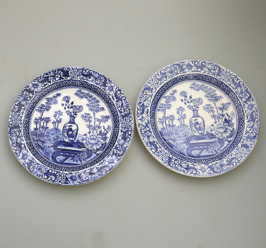 A pair Wedgwood Antique Pottery: Scarce Bamboo B&W Transferware Plates - Mid 19thC