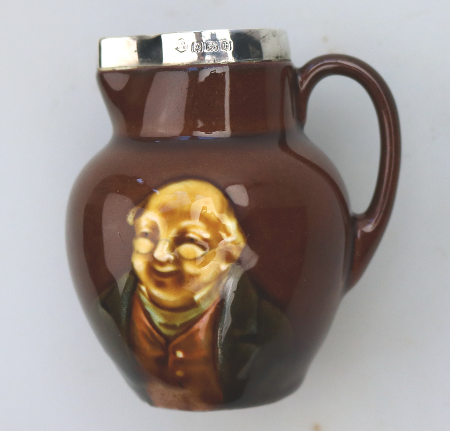 An antique Royal Doulton Mr Pickwick small Kingsware Jug solid silver C.1907