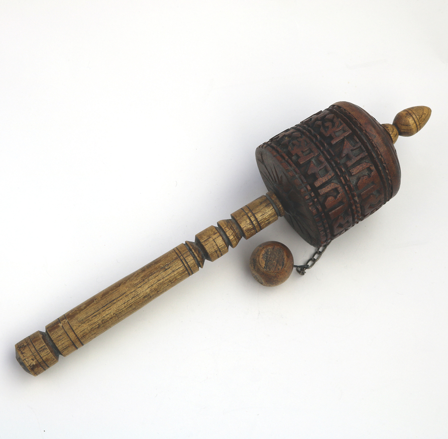 Antique Religious items - wooden Tibetan prayer wheel C. early 20thC