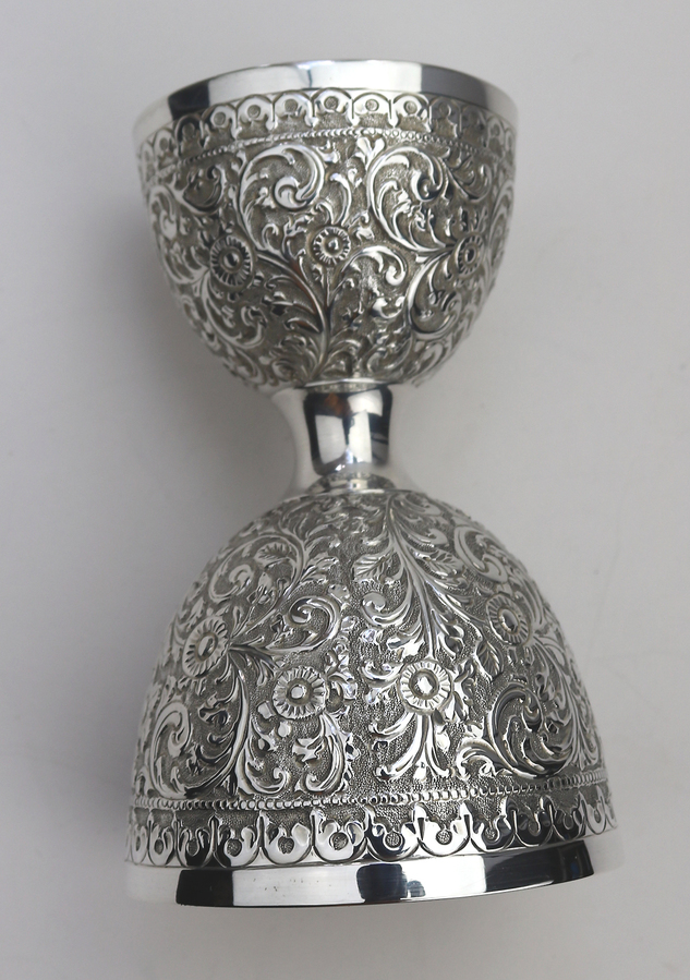 An unusual antique novelty solid silver double Drinking Vessel / Measure C.1898