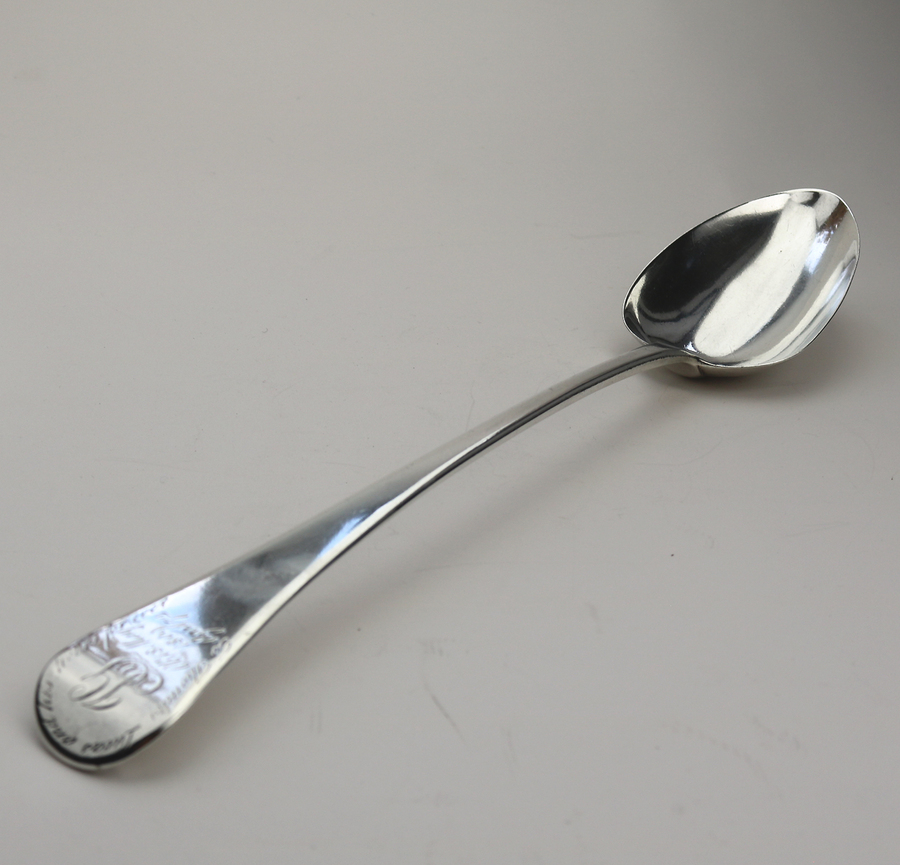 An antique Georgian solid silver Basting Spoon - unusual inscription C.1808