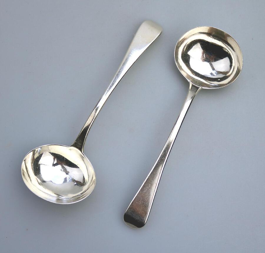 Pair Georgian antique solid silver Old English Sauce Ladles William Chawner 1829