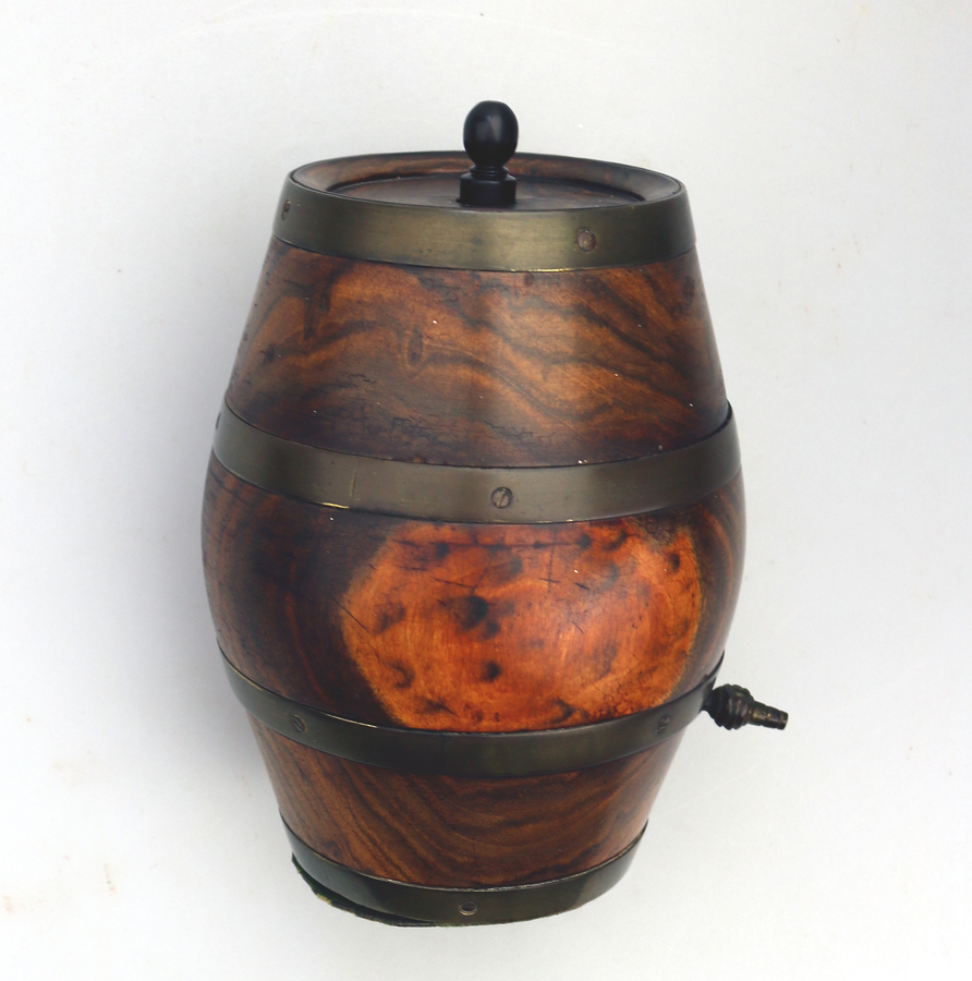 An antique Treen novelty String Box coopered barrel formed with reel C.19thC