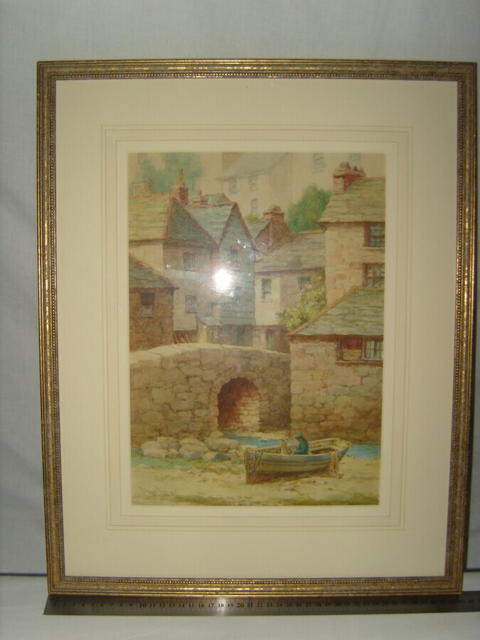 Antique A View in Polperro, Cornwall, Original Watercolour Painting by Louis Mortimer (190)