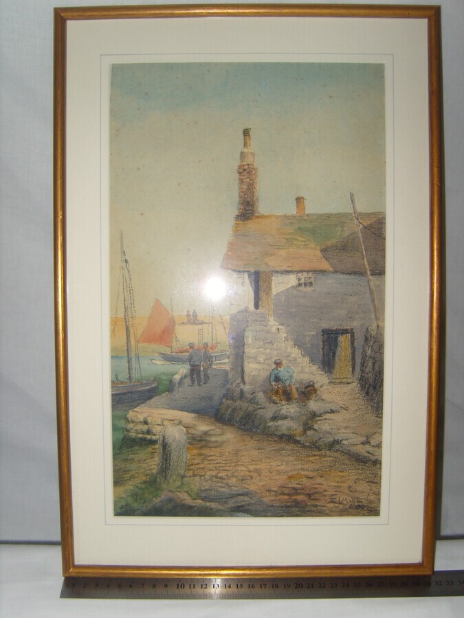 Antique Mousehole Cornwall, Original Watercolour Painting by E J Hall (191)
