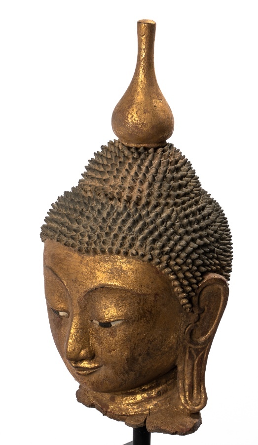 Antique Buddha Head - Antique Burmese Style Shan Gold Wood Buddha Head -  38cm/15  |