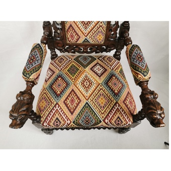 Antique Jacobean Style Oak Carved Throne Chair, Victorian C.1880