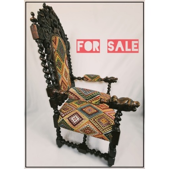 Antique Jacobean Style Oak Carved Throne Chair, Victorian C.1880