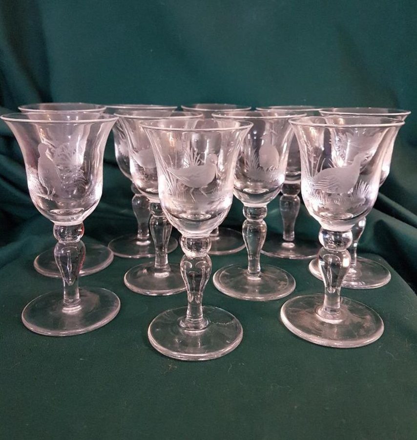 SOLD Ten Sherry Glasses etched with game birds.