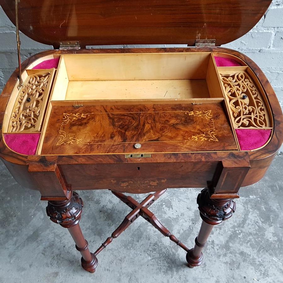 Victorian burr walnut sewing table