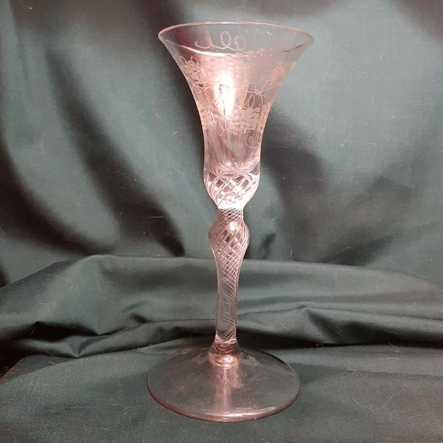 Engraved airtwist stem wine glass 18th cent