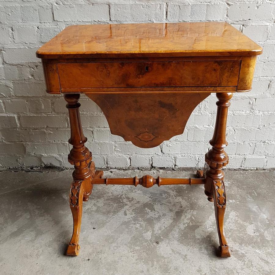 SOLD Victorian Burr Walnut marquetry sewing table.