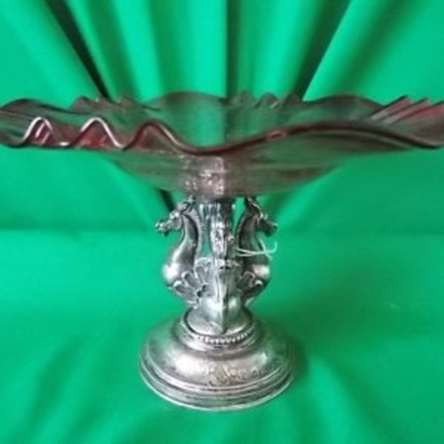 19th cent Silver, cranberry glass cake stand three horse stem