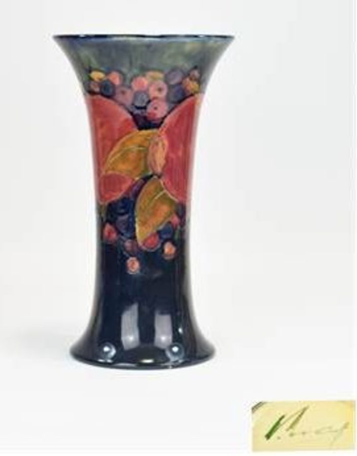 Large William Moorcroft Signed Tall Trumpet Shaped Vase, Pomegranates
