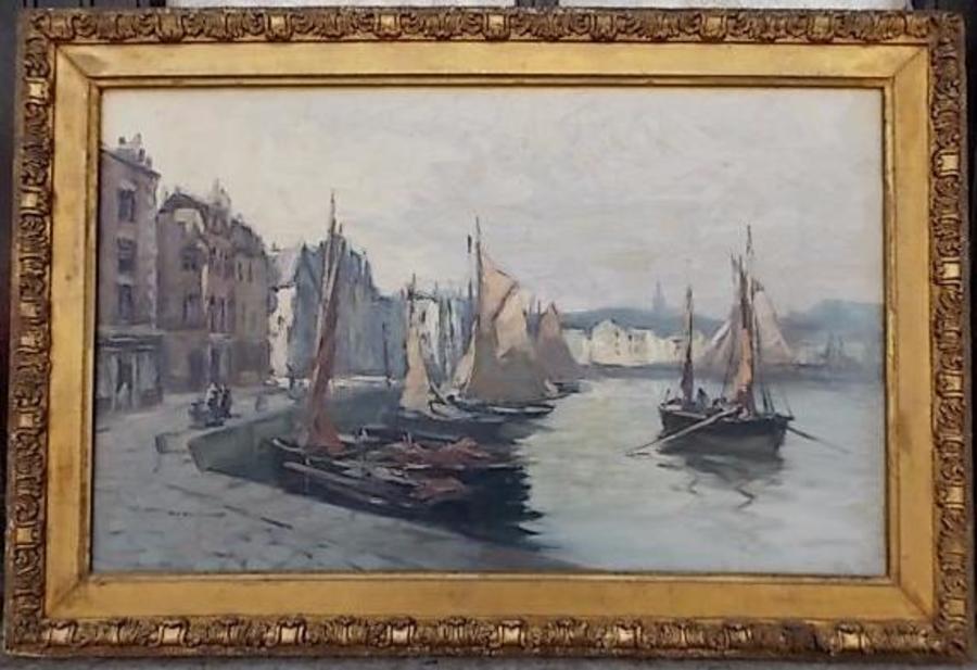 19th cent Impressionist. Oil on Canvas Leith Docks Edinburgh Scotland