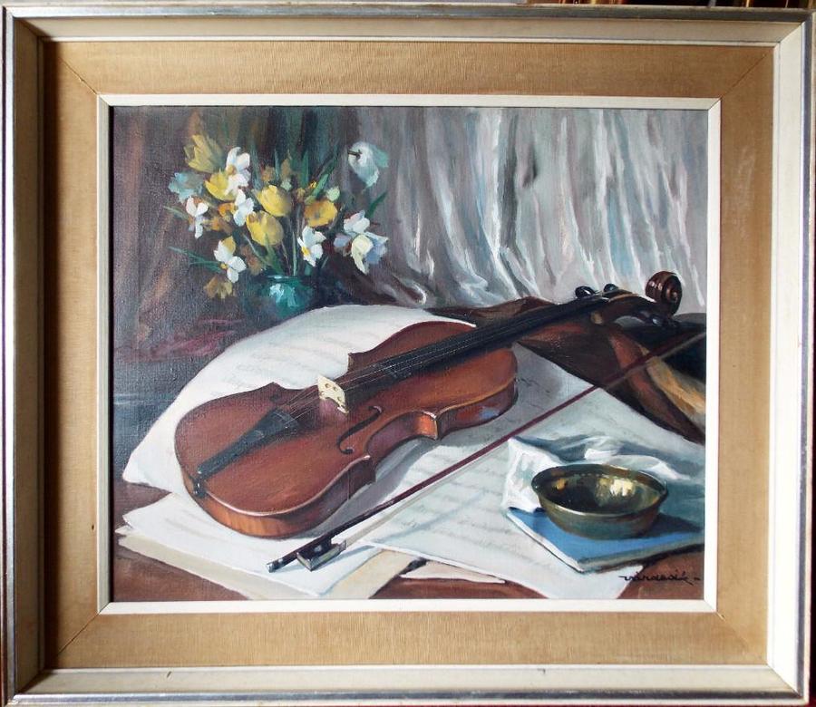 Ferenc Vardeak (1897-1971) Oil on Canvas Still life Violin