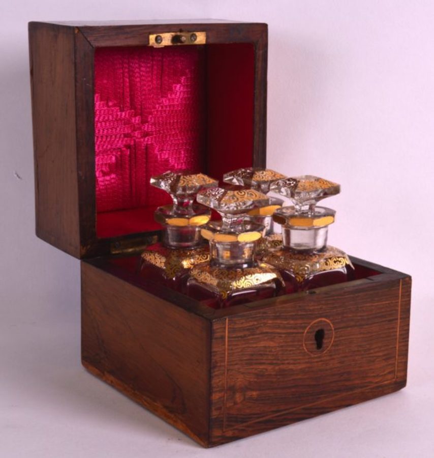 GOOD ANTIQUE ROSEWOOD MINIATURE PERFUME BOTTLES BOX