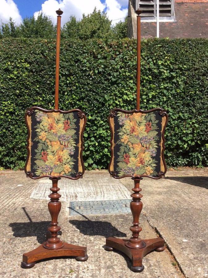Pr Victorian rosewood and tapestry pole screens.