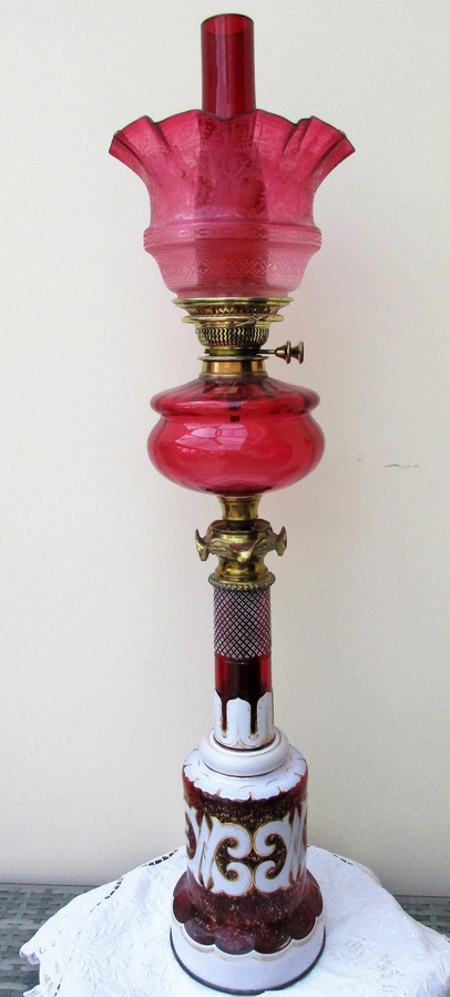 Antique Antique English Victorian Ruby and Cranberry Glass Banqueting Oil Lamp