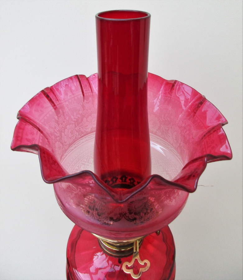 Antique Antique English Victorian Ruby and Cranberry Glass Banqueting Oil Lamp