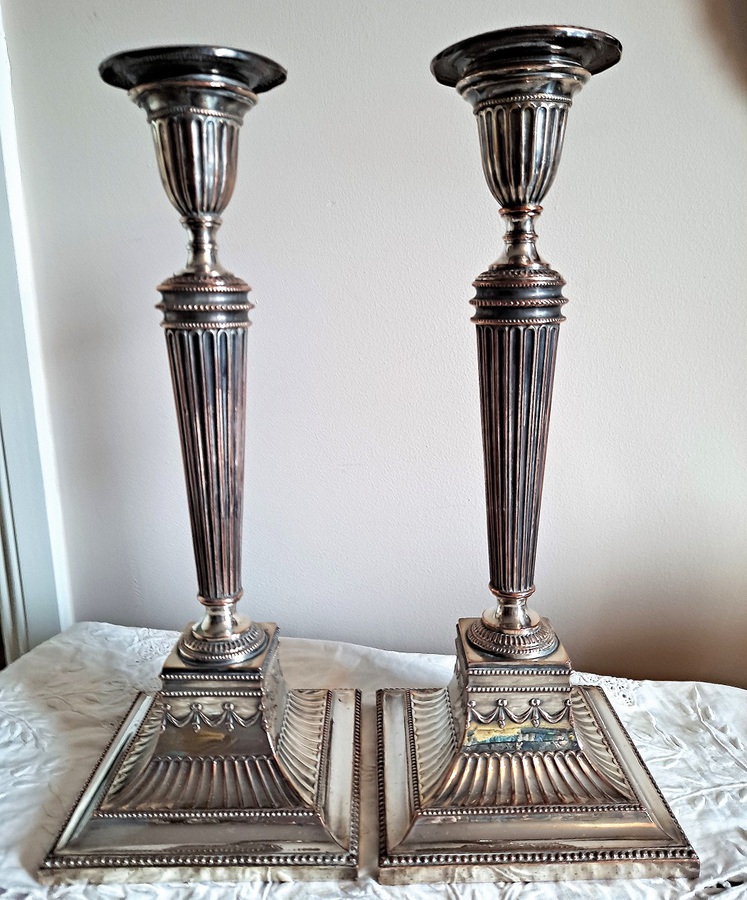Pair of Antique English Georgian Old Sheffield Plate Candlesticks