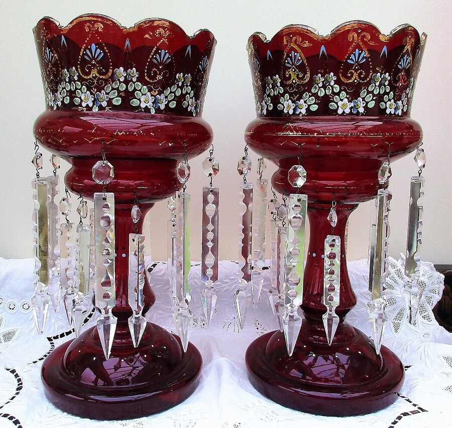 Pair of Antique English Victorian Ruby Glass Lustres