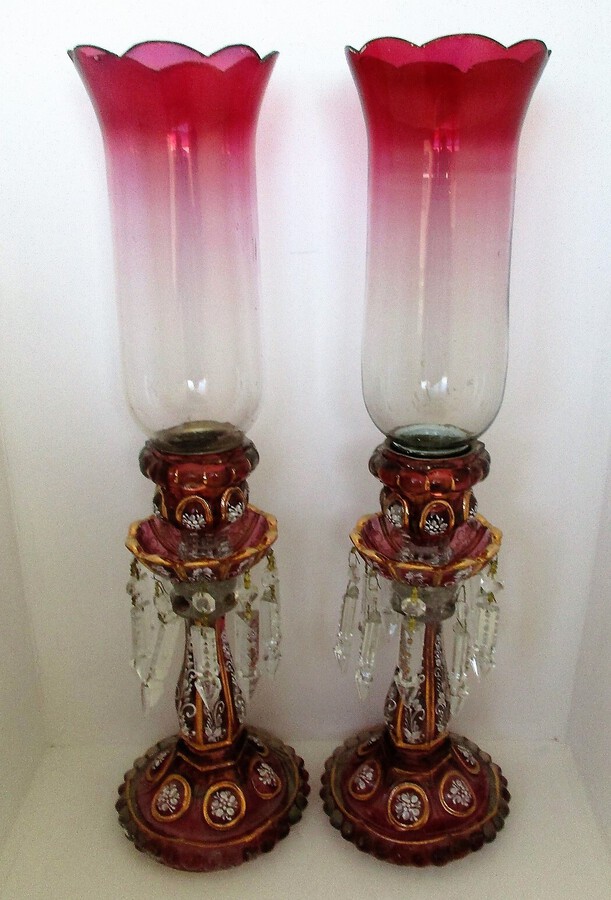 Pair of Antique English Victorian Ruby / Cranberry Glass Candle Lustres