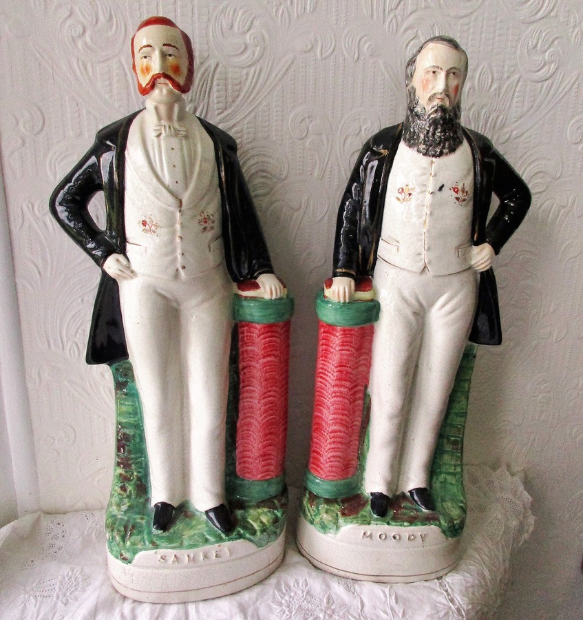 Pair of Antique English Victorian Staffordshire Pottery Portrait Figures ~ Moody ~ P D9 ~ H 59 and Sankey ~ P D10 ~ H 84