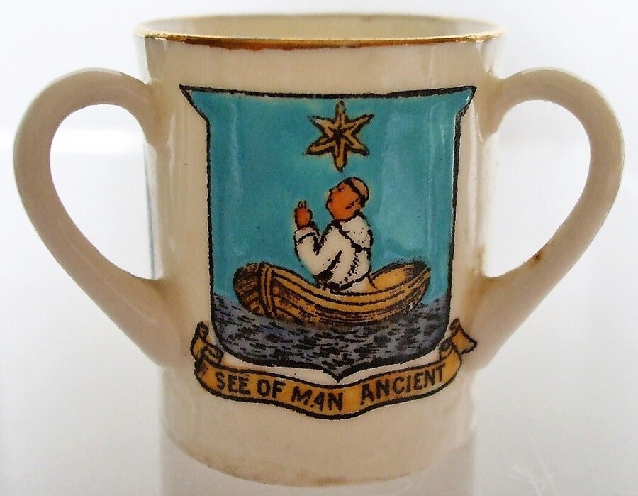 W.H. Goss ~ Fairy Three Handled Loving Cup ~ A.C.C. No. 475 ~ Isle of Man ~ Douglas ~ See of Man Ancient