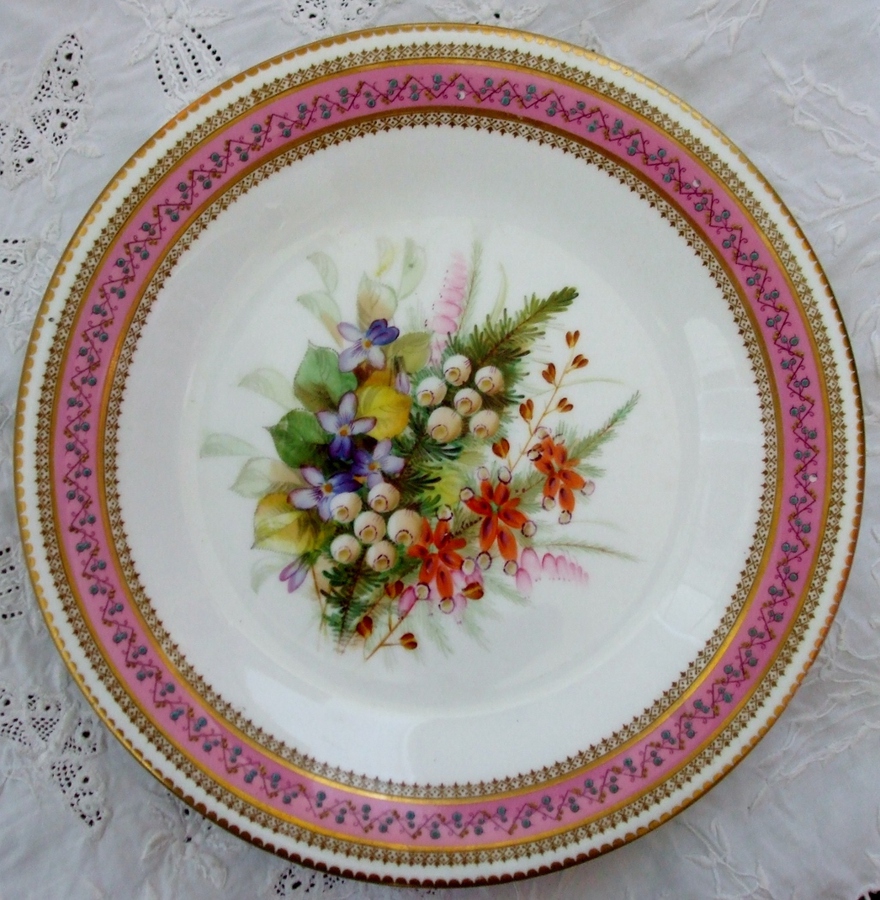 Antique Antique English Victorian Royal Worcester Porcelain Botanical Dessert Plate ~ I of VI