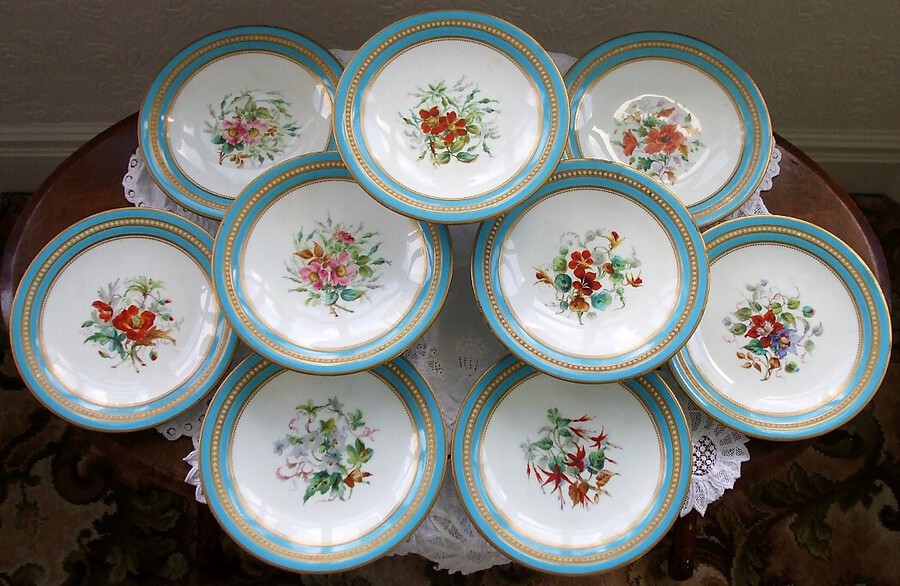 Antique Antique English Victorian Semi - Porcelain Botanical Part Dessert Service by Grainger of Worcester