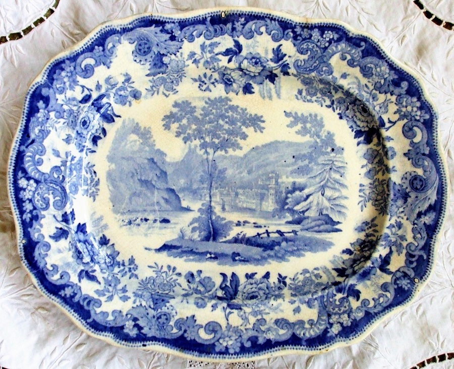 Antique Antique English Victorian Blue & White Transfer Pottery Dish ~ William Davenport & Co. of Longport