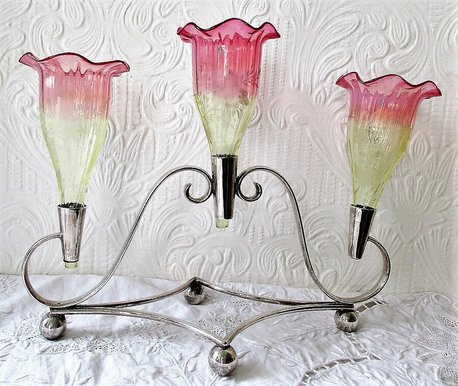 Antique Antique English Victorian Vaseline Glass and Silver Plate Epergne