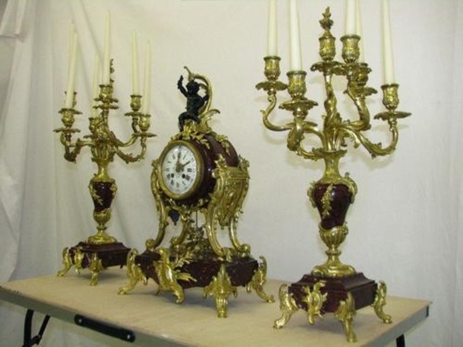 Large Marble Gilt Bronze & Candelabra Antique French Clock Set
