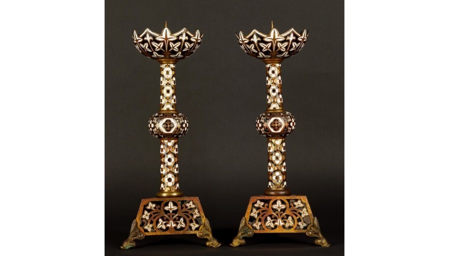 Pair Antique Gilded Bronze Enamel Candlesticks IBERIAN PENINSULA 19TH