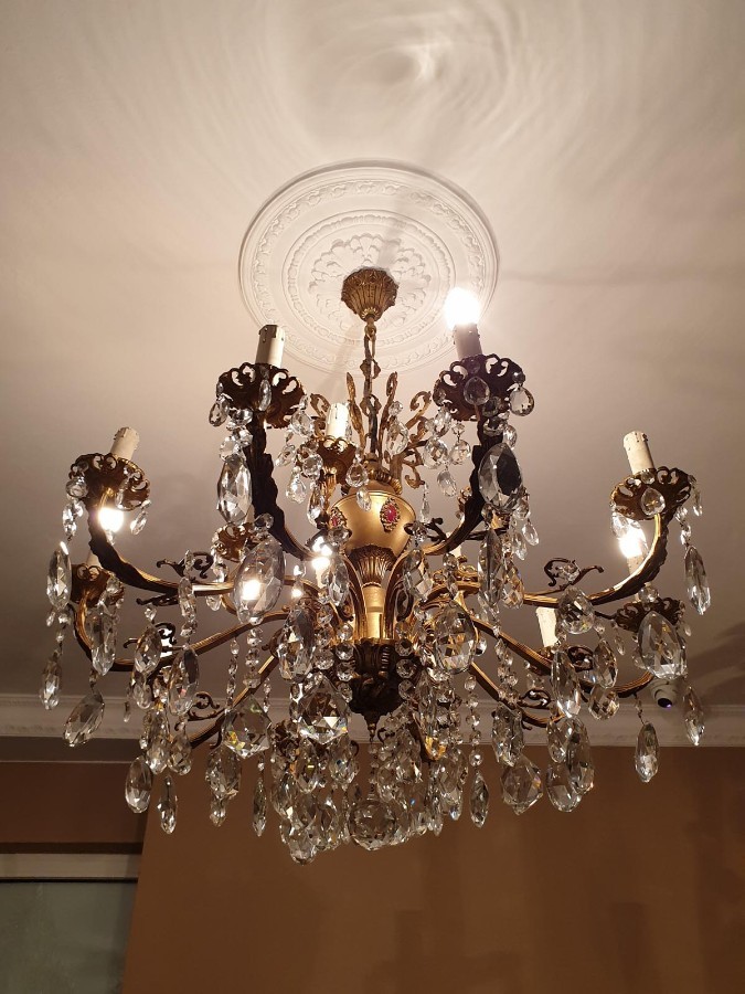 Large 15-Candles Chandelier in Rococo Style, Metal and Crystal