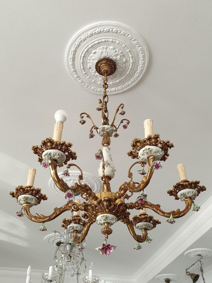 Rococo Style Chandelier, Porcelain Flowers, Rocaille Pattern