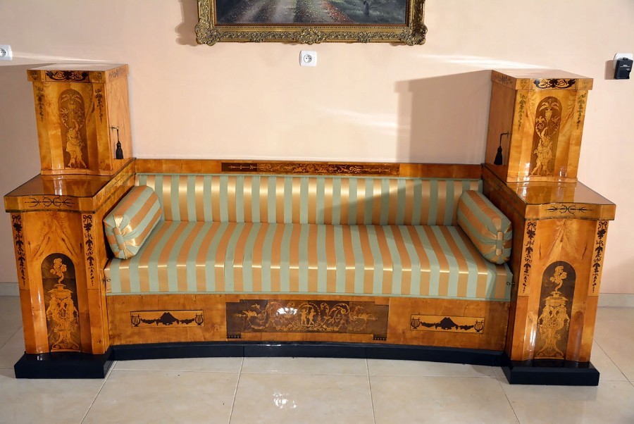 1810 Transition Period Empire / Biedermeier Sofa / Couch Inlaid Birch Veneer