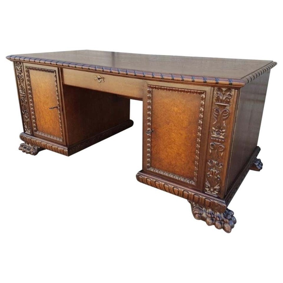 Renaissance Revival Style Desk with Walnut Burl 20th Century Interwar Period