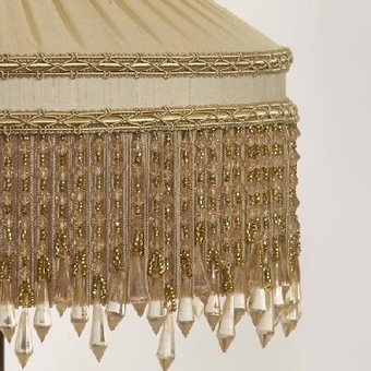 Antique Pleated silk ‘Bali’ Design in Champagne with Beaded trim suitable for a standard lamp