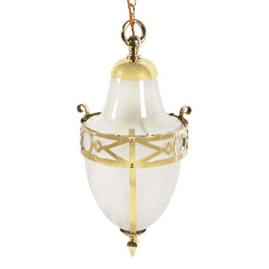 Antique Edwardian Brass & Opaque Glass Hall Lantern 