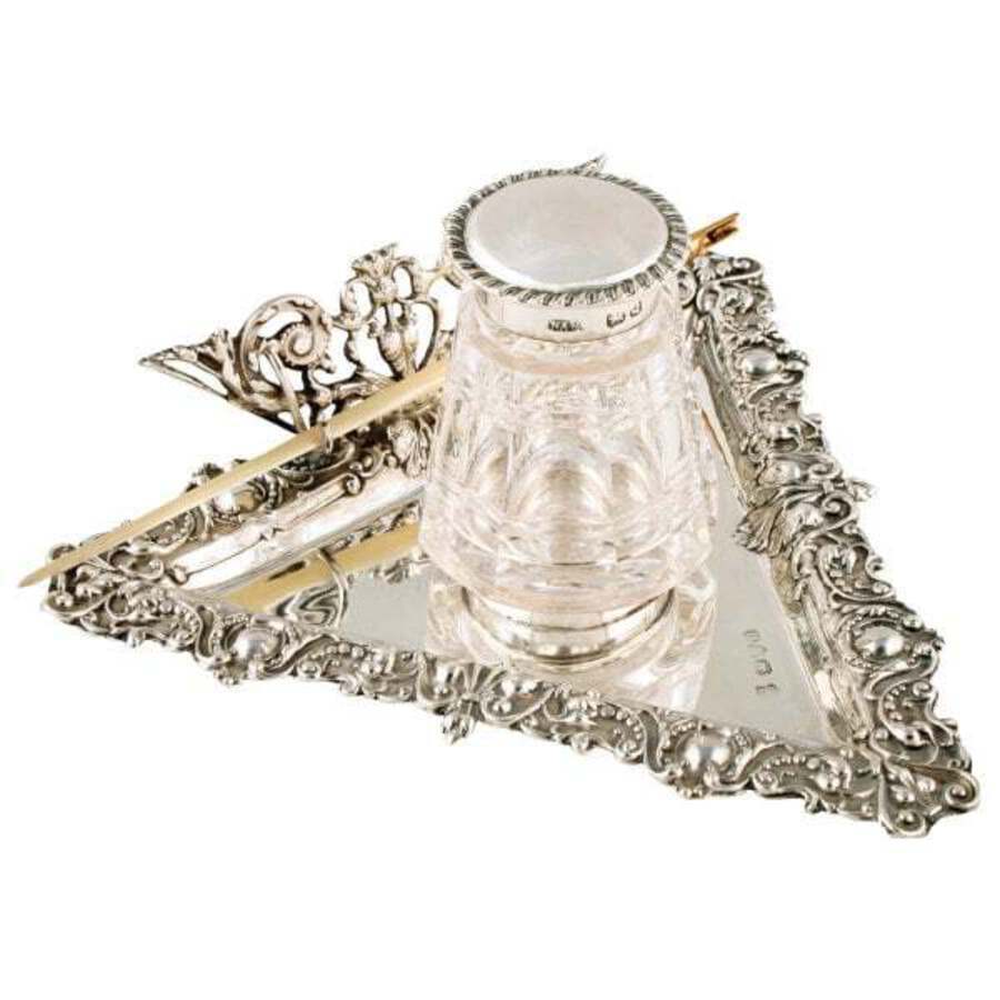 Antique Victorian Sterling Silver Inkwell Stand 