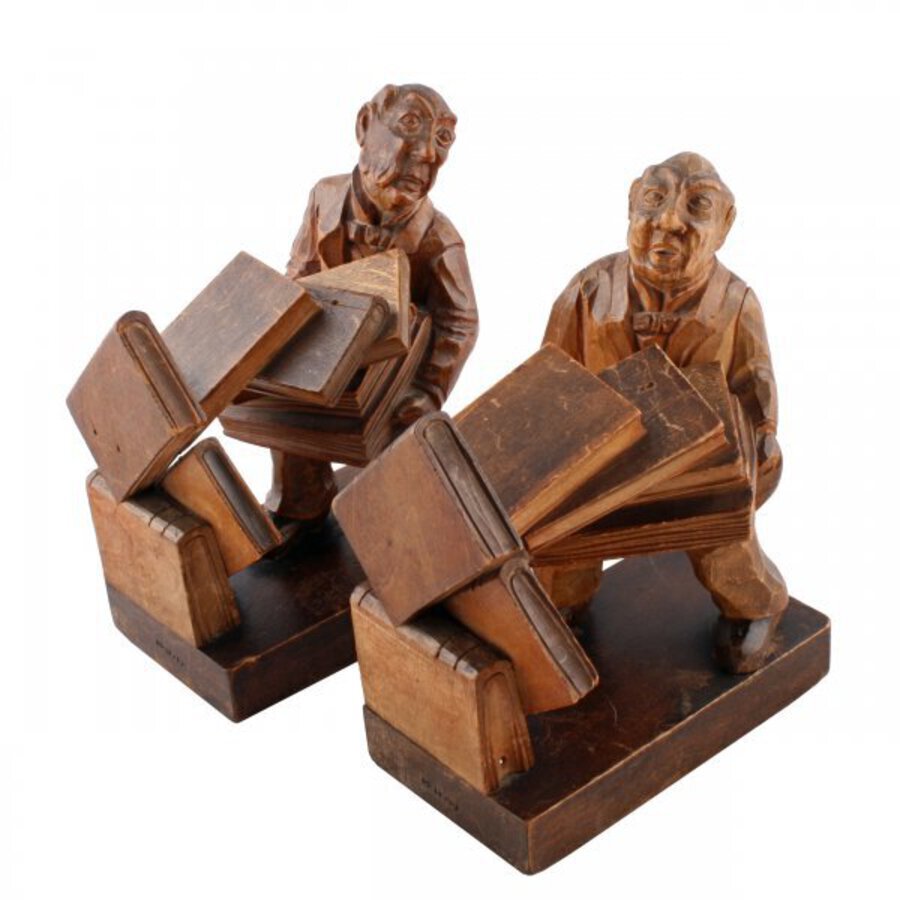 Antique Pair of Carved Wood Bookends 