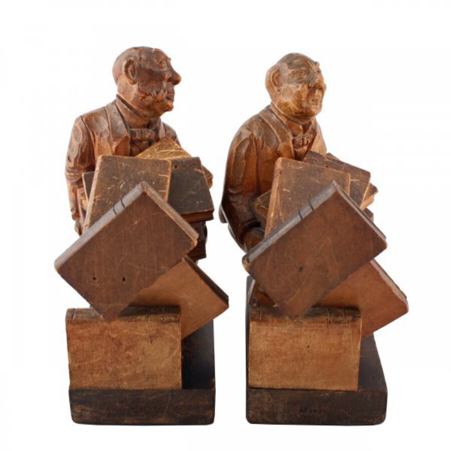 Antique Pair of Carved Wood Bookends 