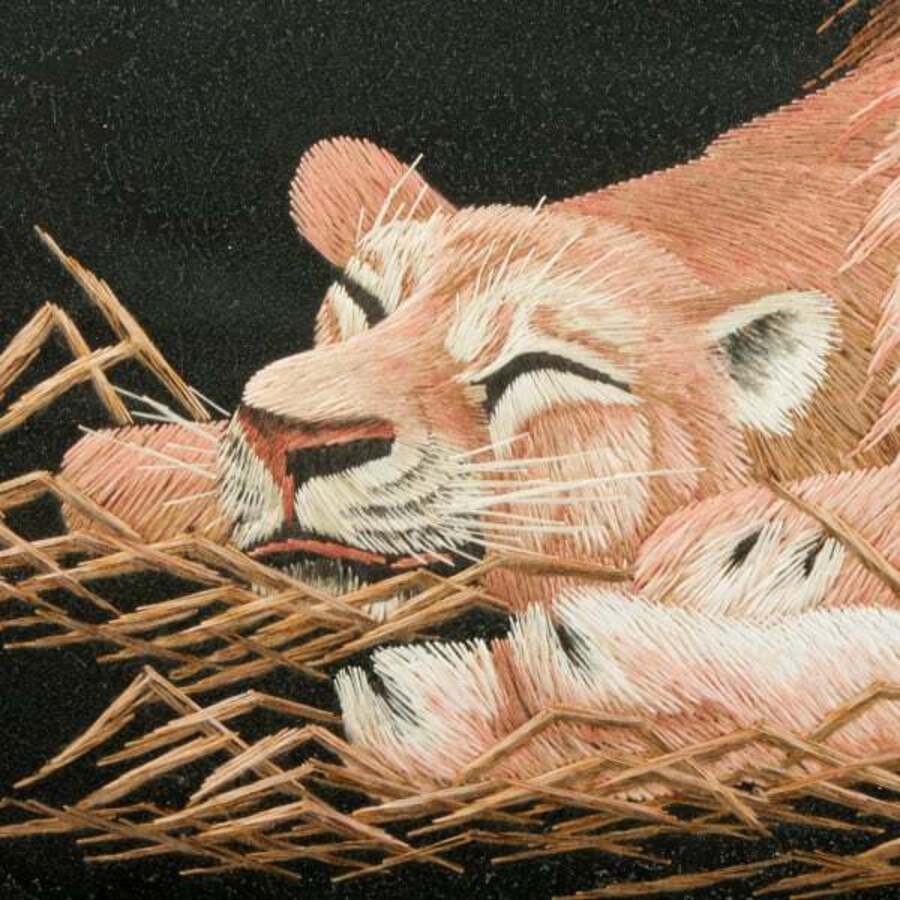 Antique Japanese Silk Picture of Lions 