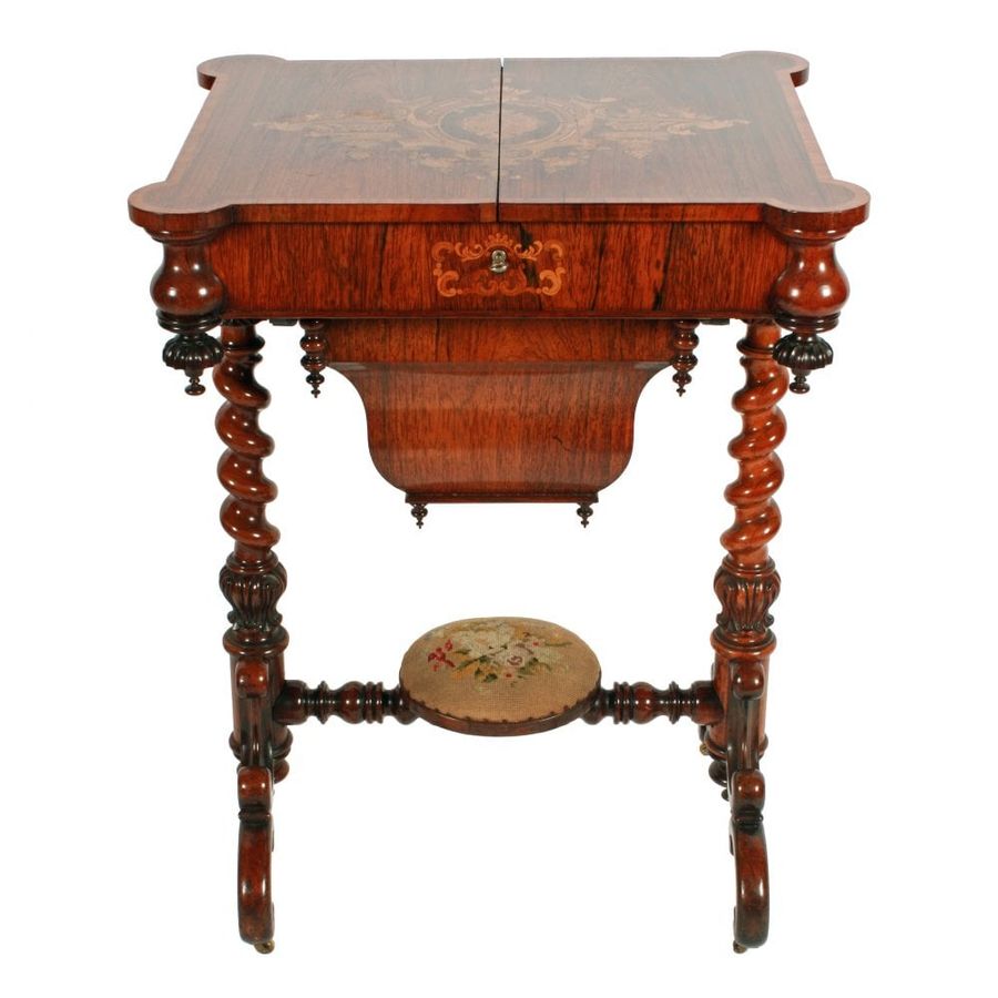 Antique Marquetry Inlaid Rosewood Work Table 