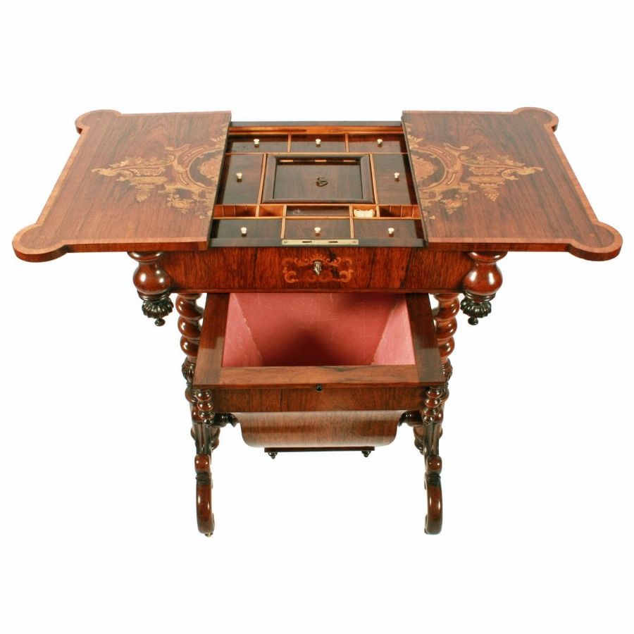 Antique Marquetry Inlaid Rosewood Work Table 