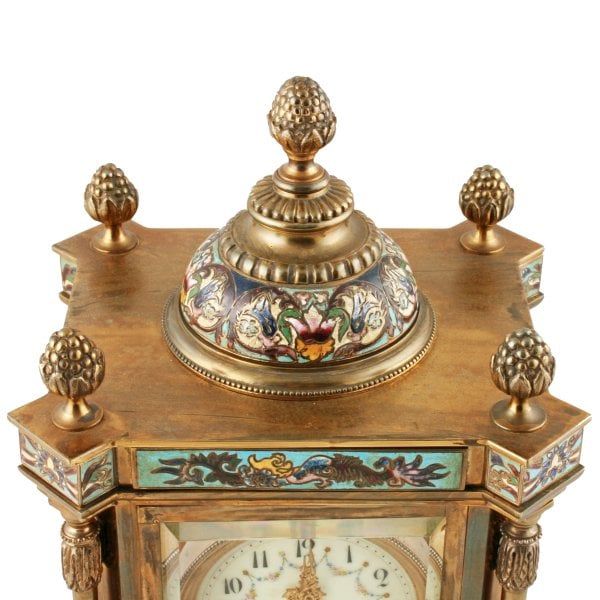 Antique Champleve Enamel Four Glass Clock 