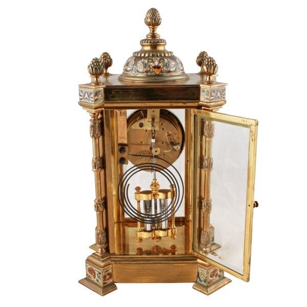 Antique Champleve Enamel Four Glass Clock 