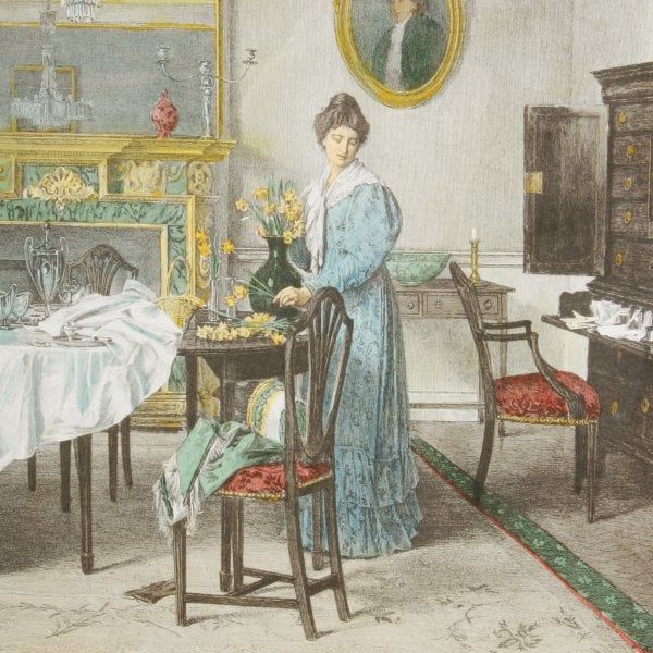 Antique "Morning Flowers" Coloured Print 